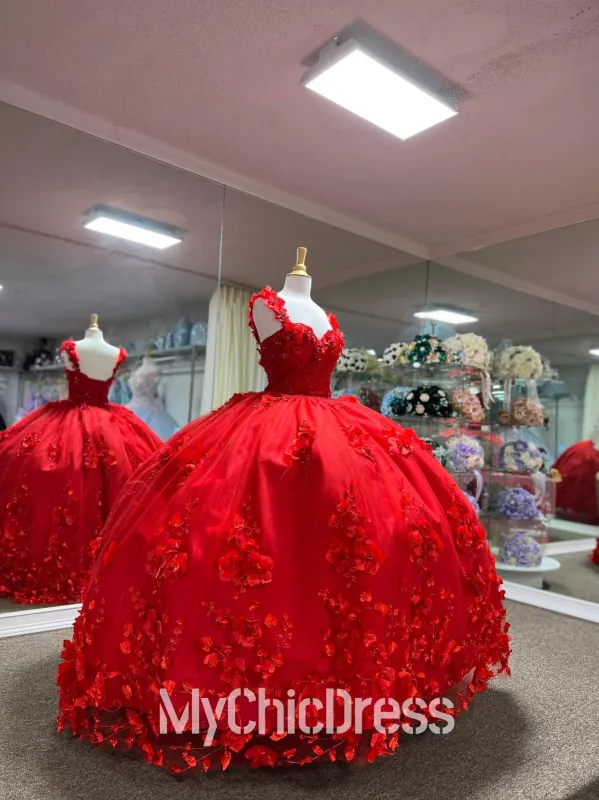 Princess Red Ball Gown Straps Quinecanera Dresses with 3D Flowers sold by My Chic Dress