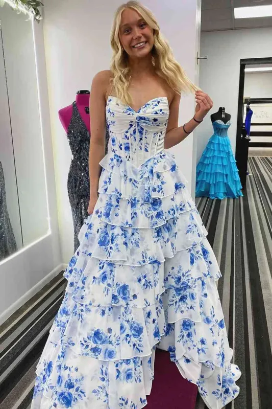 A-Line Long V-Neck Tiered Print Prom Dress Blue Strapless sold by My Chic Dress