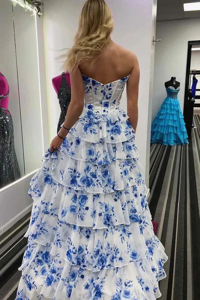 A-Line Long V-Neck Tiered Print Prom Dress Blue Strapless sold by My Chic Dress product image thumbnail 2