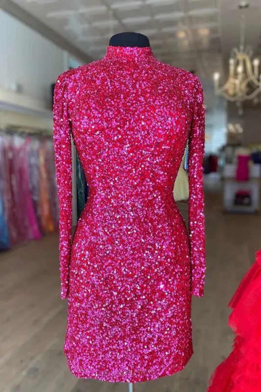 Sexy High Neck Fuchsia Sequins Short Homecoming Dress With Long Sleeve made by My Chic Dress