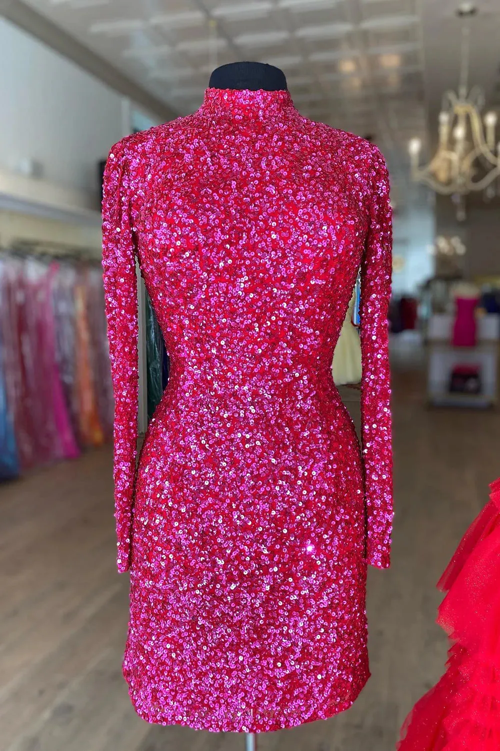 Sexy High Neck Fuchsia Sequins Short Homecoming Dress With Long Sleeve sold by My Chic Dress