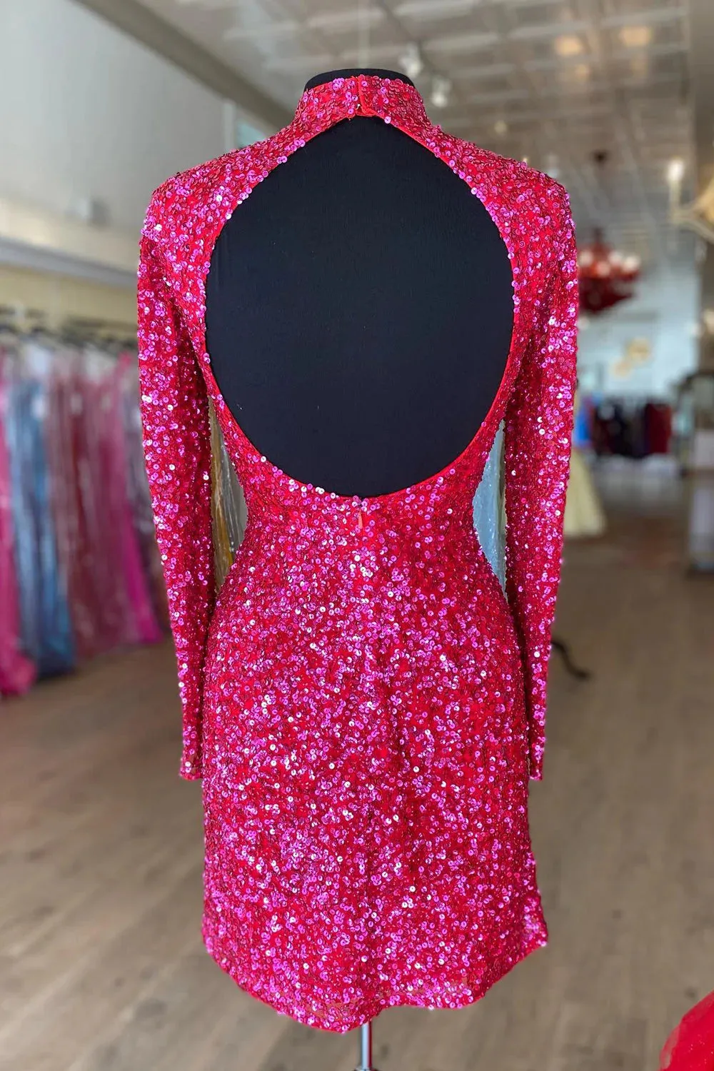 Sexy High Neck Fuchsia Sequins Short Homecoming Dress With Long Sleeve sold by My Chic Dress product image thumbnail 2