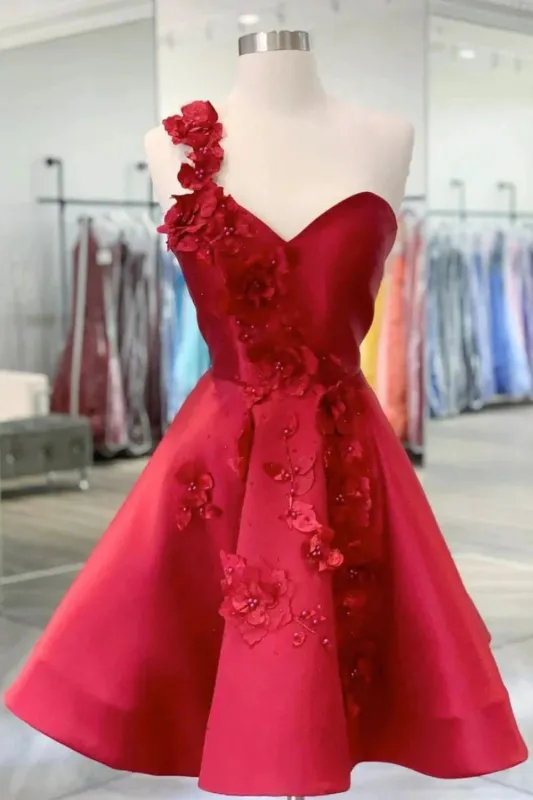 A-line Mini Red Floral Homecoming Dress One Shoulder With Beading sold by My Chic Dress