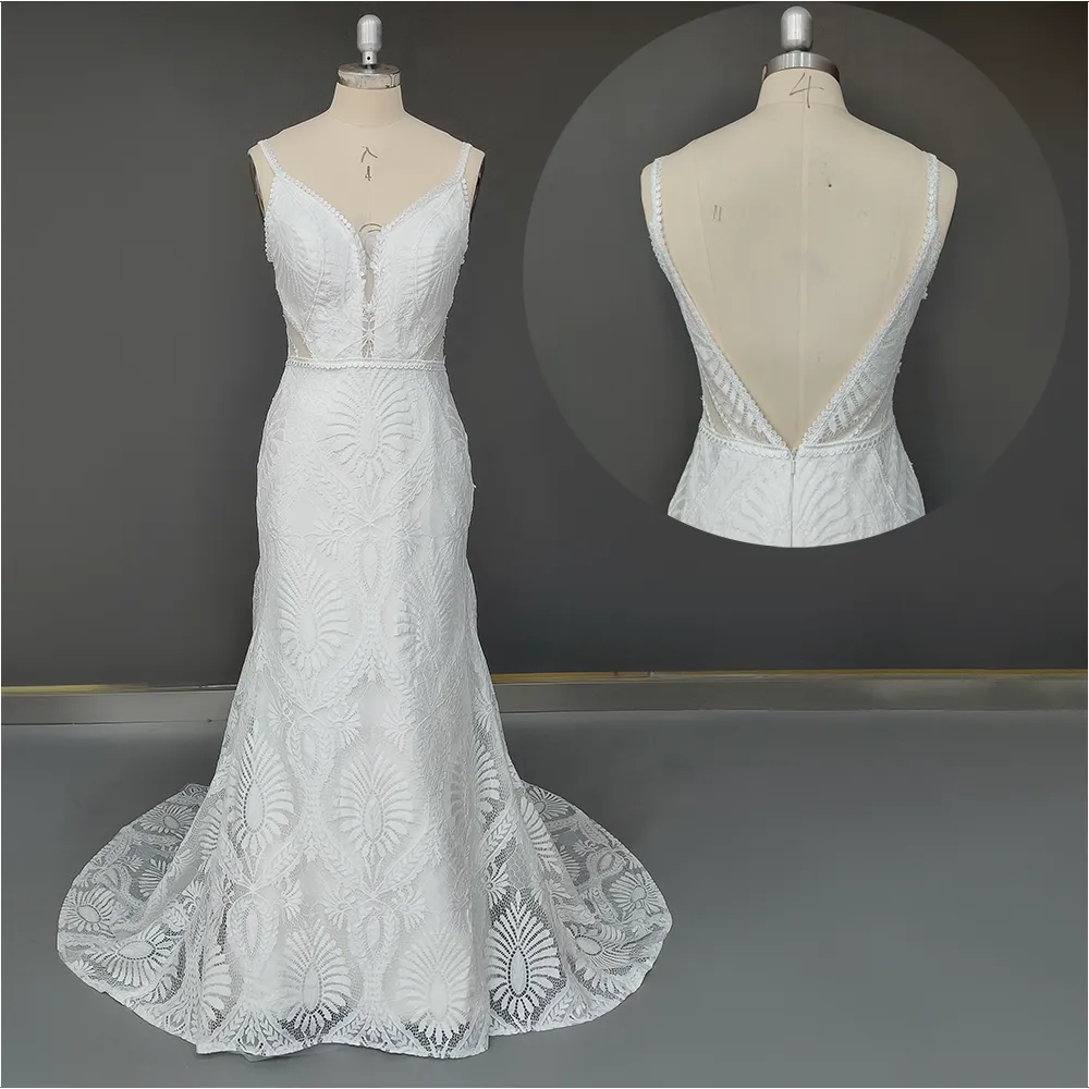 Mermaid Lace Beach Wedding Dress Deep V-Neck Boho Bridal Gown sold by My Chic Dress product image thumbnail 2