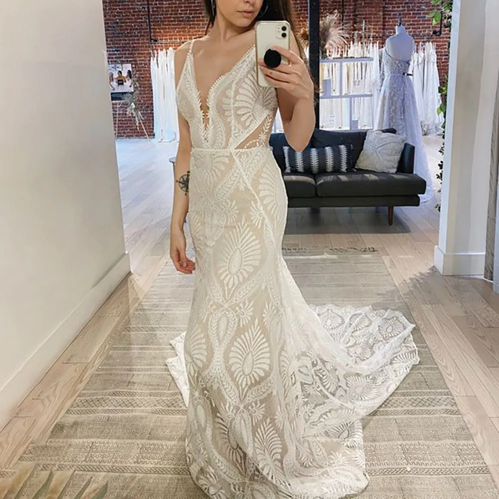 Mermaid Lace Beach Wedding Dress Deep V-Neck Boho Bridal Gown sold by My Chic Dress product image thumbnail 3