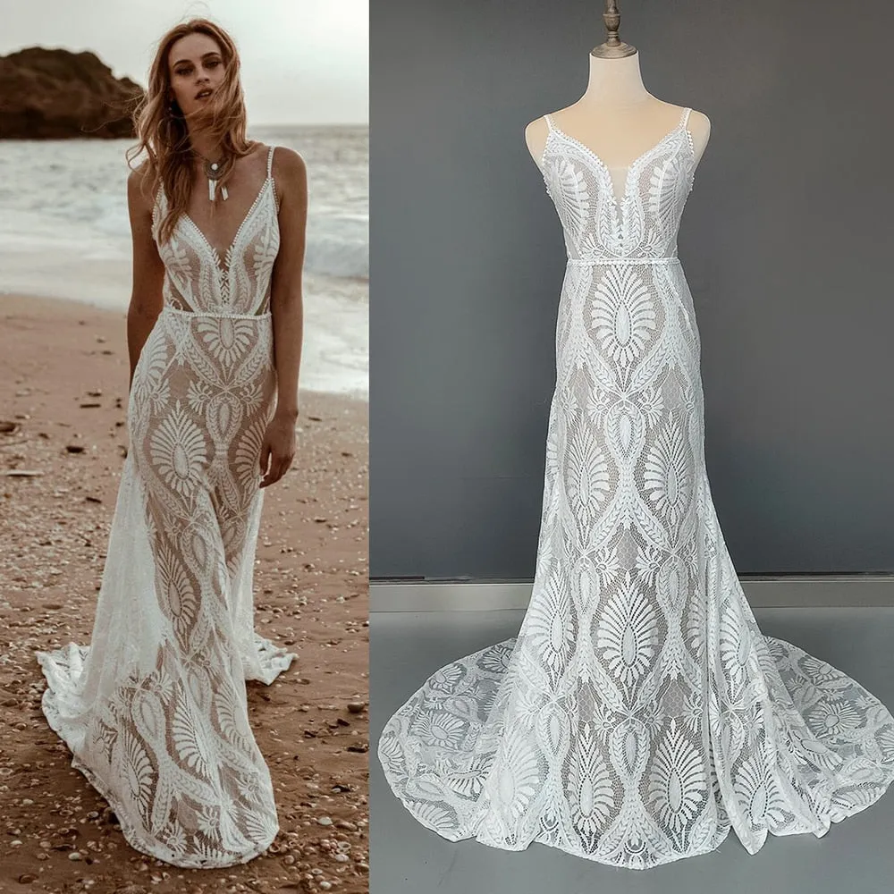 Mermaid Lace Beach Wedding Dress Deep V-Neck Boho Bridal Gown sold by My Chic Dress