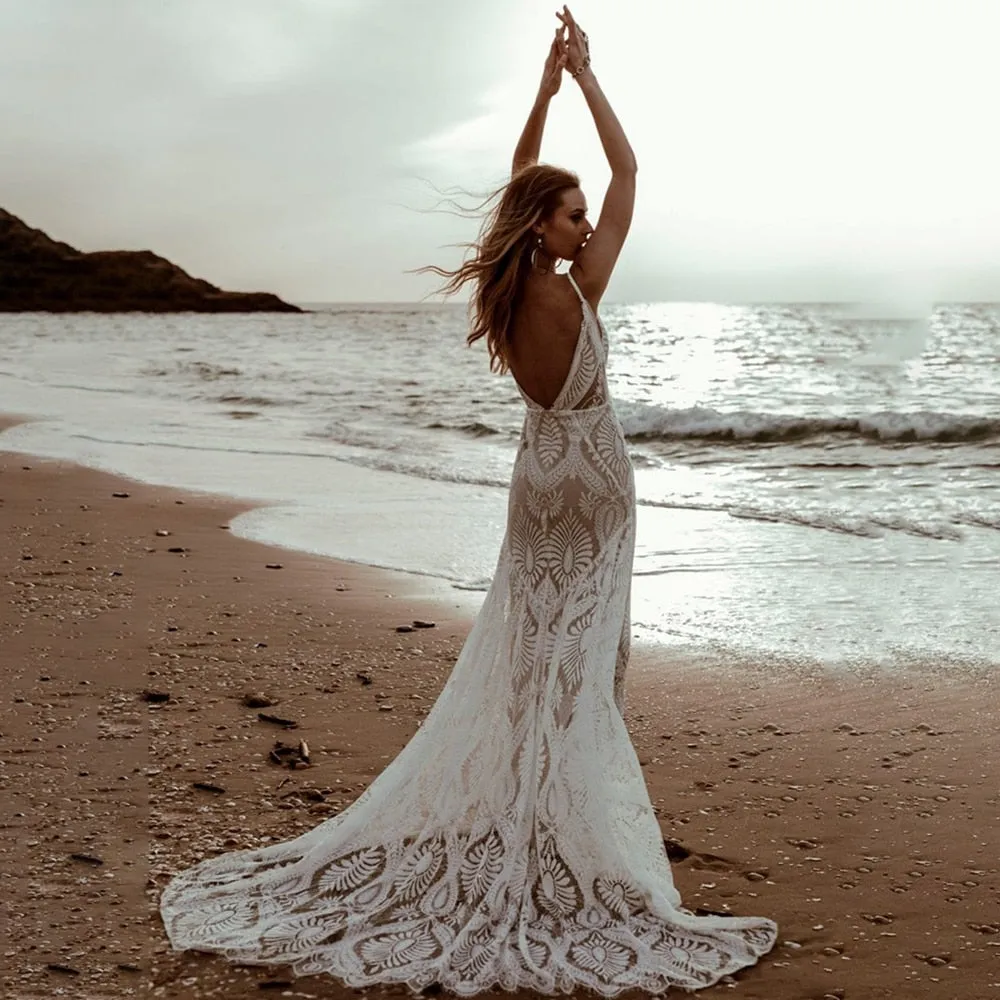 Mermaid Lace Beach Wedding Dress Deep V-Neck Boho Bridal Gown sold by My Chic Dress product image thumbnail 4