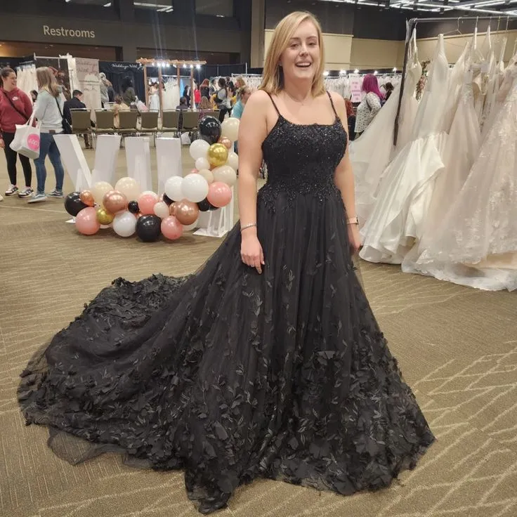 A Line Floral Black Wedding Dresses Sleeveless Lace-Up Back sold by My Chic Dress product image thumbnail 2