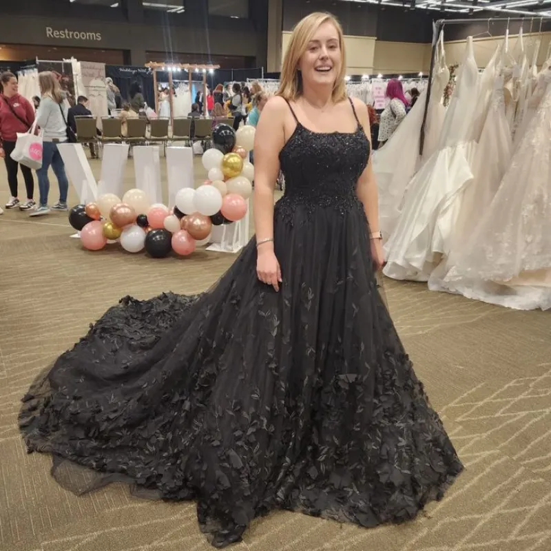 A Line Floral Black Wedding Dresses Sleeveless Lace-Up Back sold by My Chic Dress