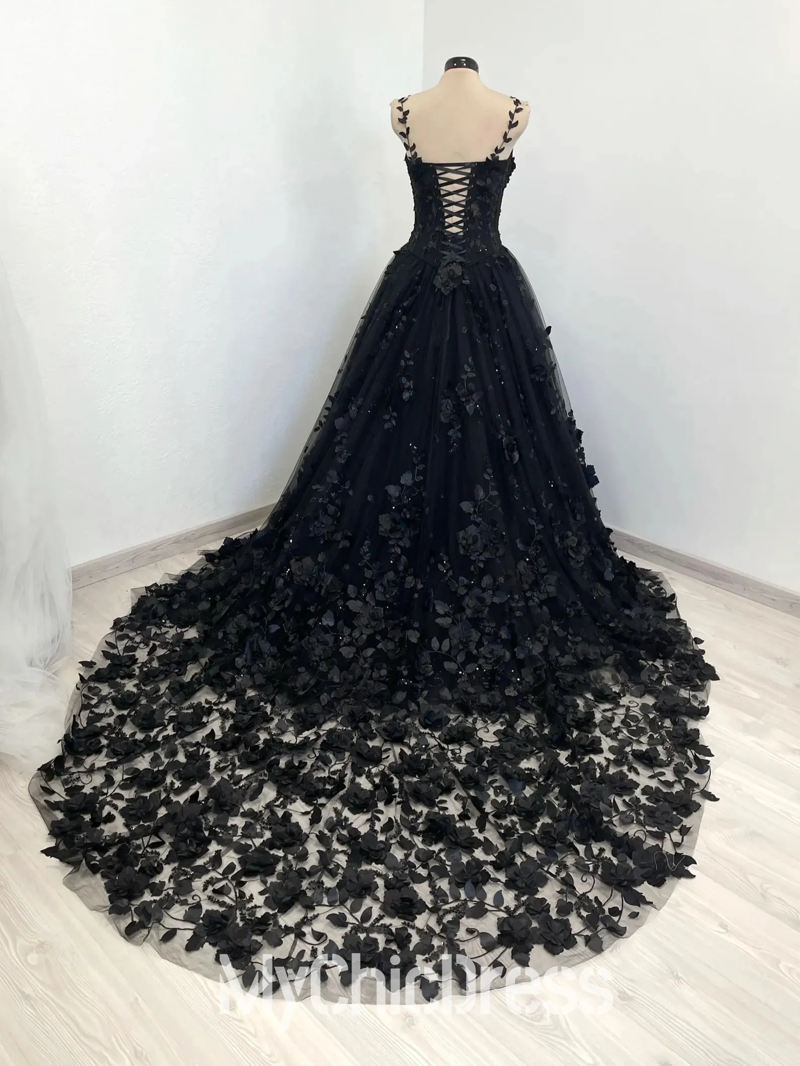 Black Floral Gothic Wedding Dresses with 3D Flower Sweep Train sold by My Chic Dress product image thumbnail 2