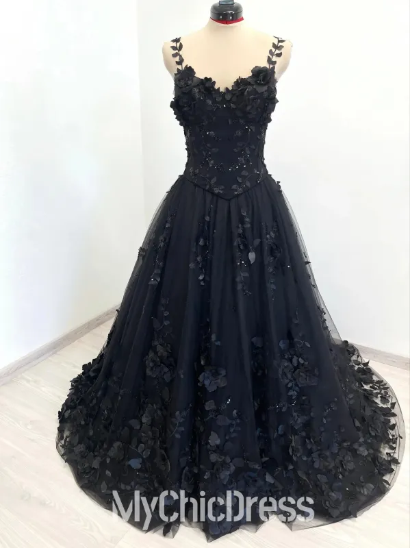 Black Floral Gothic Wedding Dresses with 3D Flower Sweep Train sold by My Chic Dress