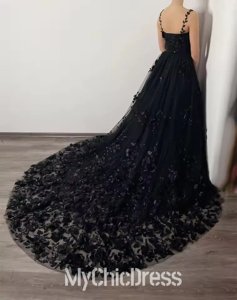 Black Floral Gothic Wedding Dresses with 3D Flower Sweep Train sold by My Chic Dress product image thumbnail 4