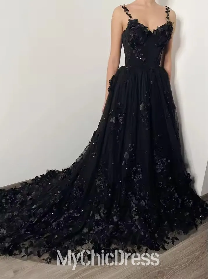 Black Floral Gothic Wedding Dresses with 3D Flower Sweep Train sold by My Chic Dress product image thumbnail 3