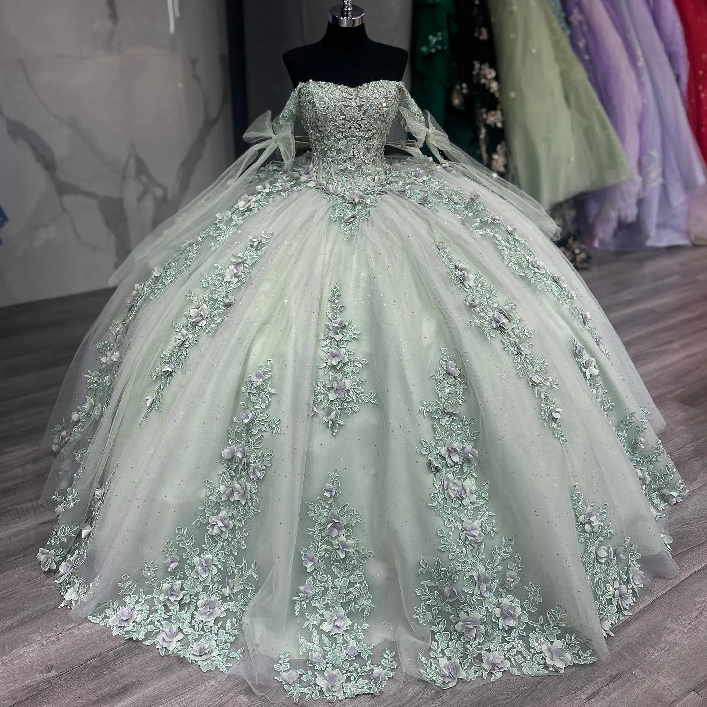 Off Shoulder Quinceañera Dress Sage Green for Sweet 16 Birthday Party Dress sold by My Chic Dress