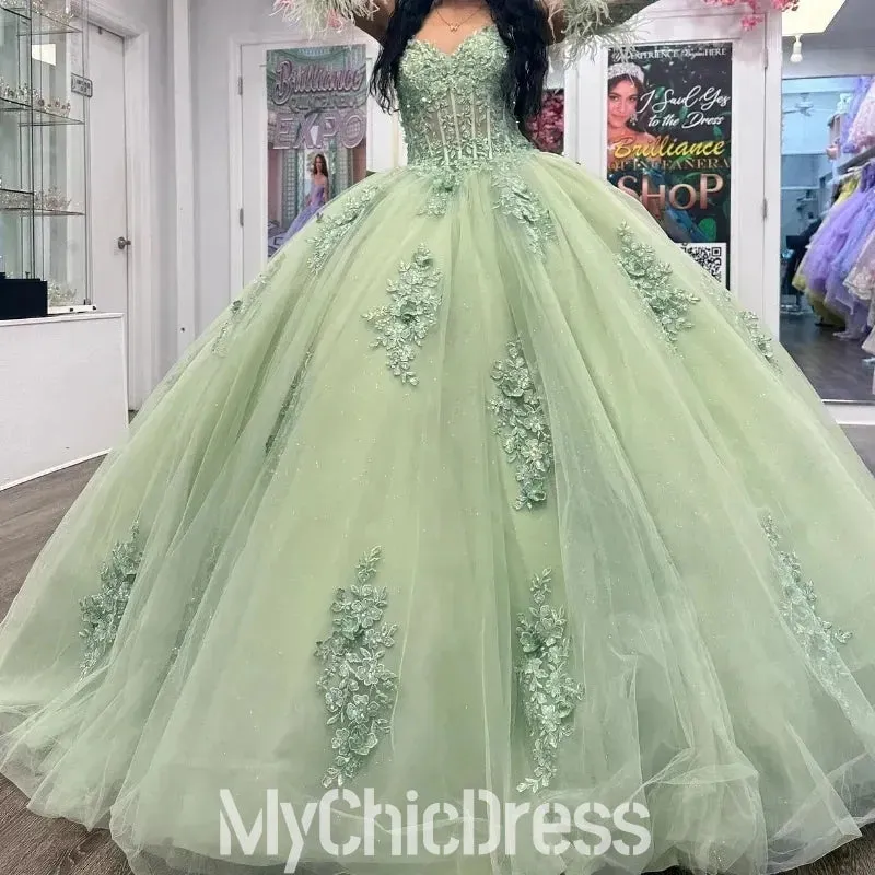 Sweet 16 Puffy Sage Green Quinceanera Dresses Lace with Feather Sleeves sold by My Chic Dress