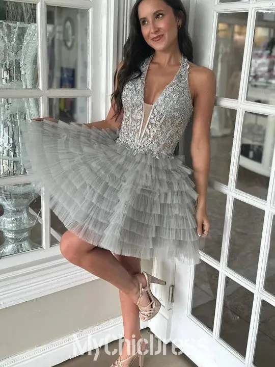 A-Line Halter Silver Lace Homecoming Dress Layered Applique sold by My Chic Dress