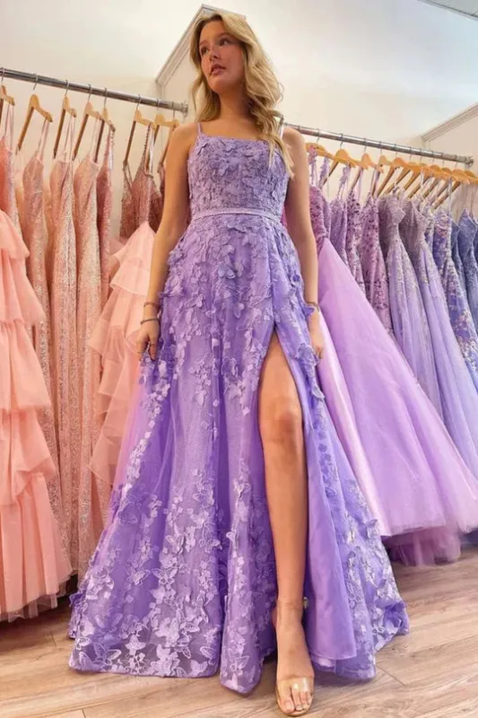 A-Line Lace Appliques Butterfly Prom Dress Lavender with Slit sold by My Chic Dress