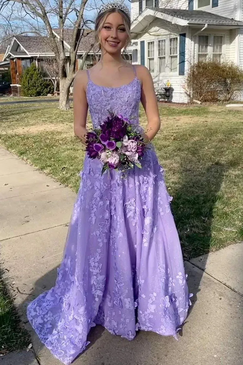 A-Line Lavender Lace Prom Dresses UK with Butterfly Sleeveless sold by My Chic Dress