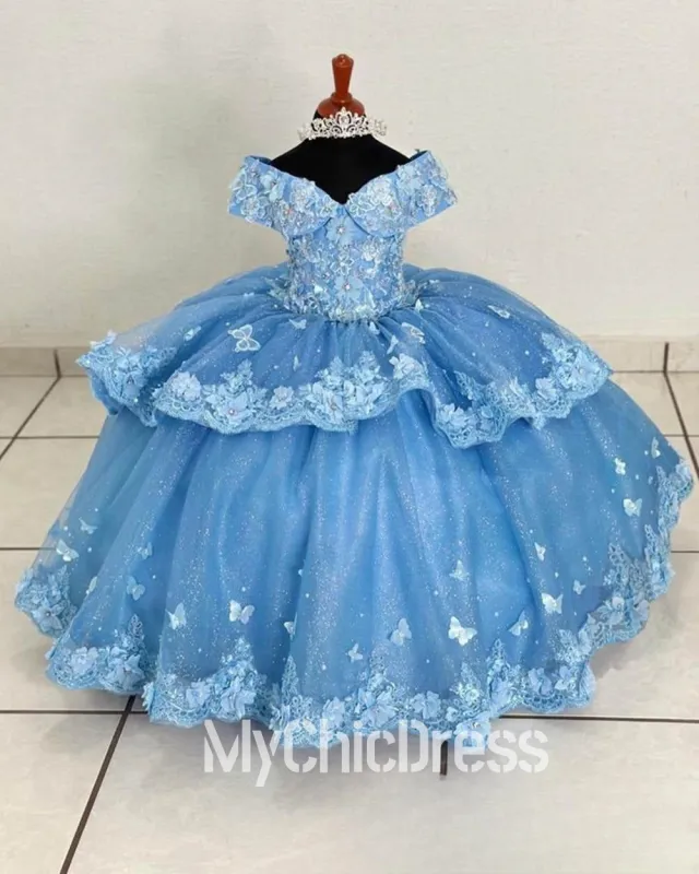 Off the Shoulder Fluffy Blue Mini Quince Dresses For Little Girl Lace Appliqué sold by My Chic Dress