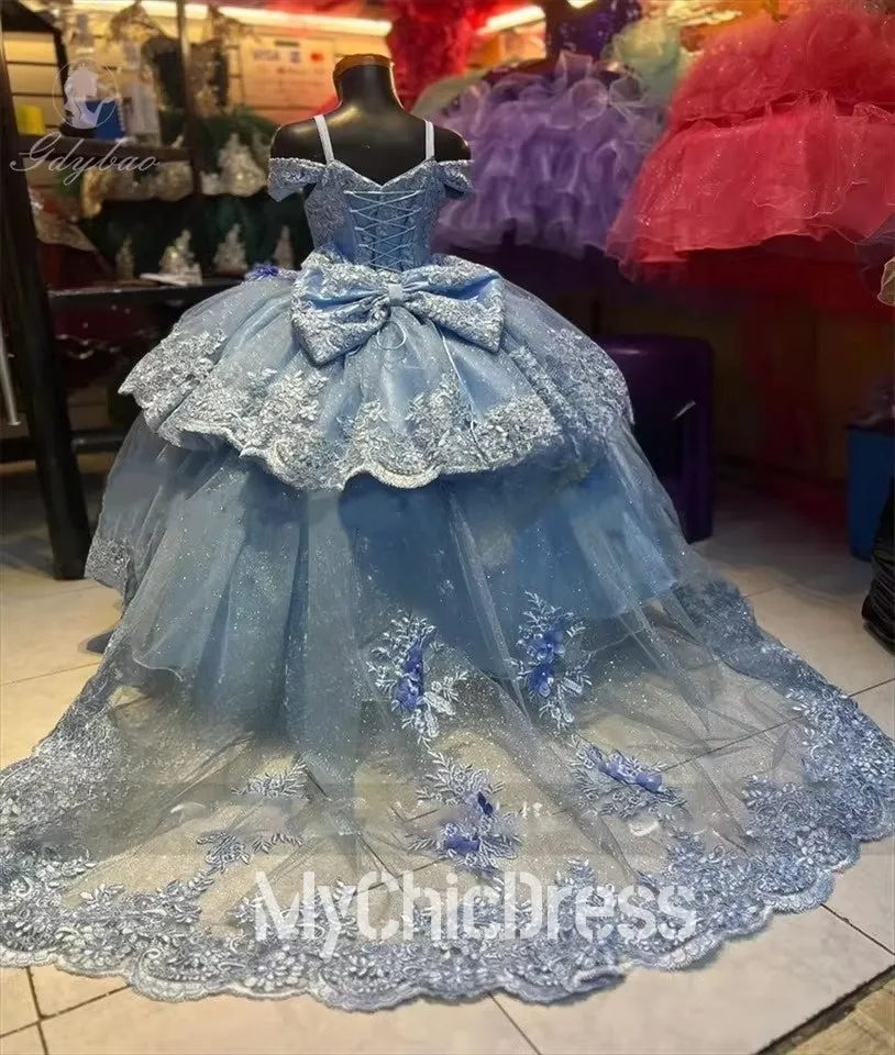 Light Blue Mini Quince Dresses For Little Girl Lace Appliqué Fluffy Tulle sold by My Chic Dress product image thumbnail 2