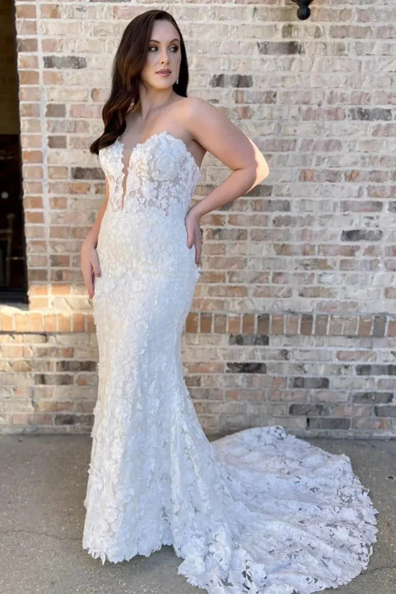 Strapless Lace White Floral Wedding Dress Mermaid for Brides sold by My Chic Dress