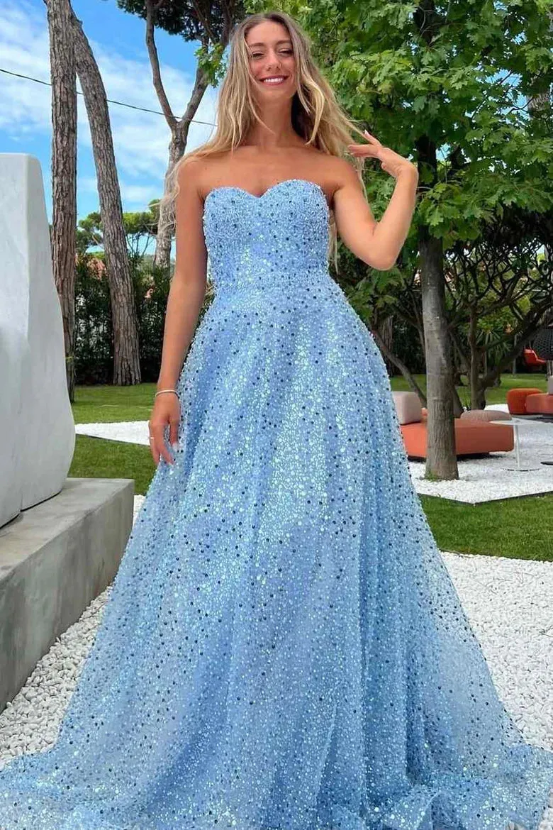 Unique Sequins Prom Dress Blue A-Line Strapless Evening Gown sold by My Chic Dress