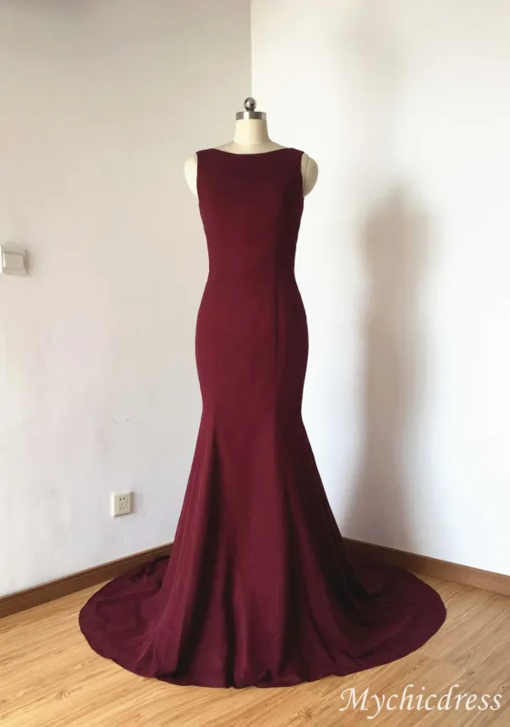 Mermaid Burgundy Satin Formal Dress for Wedding Guests UK sold by My Chic Dress
