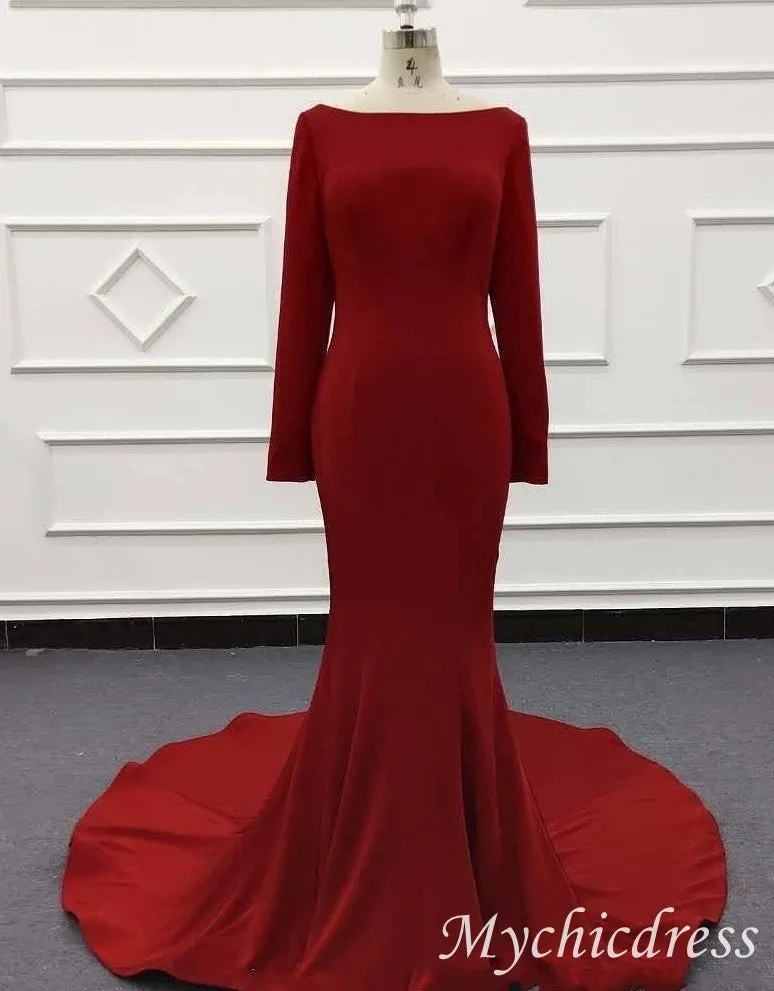 Long Sleeves Formal Dress Red Satin Mermaid Evening Gown UK sold by My Chic Dress