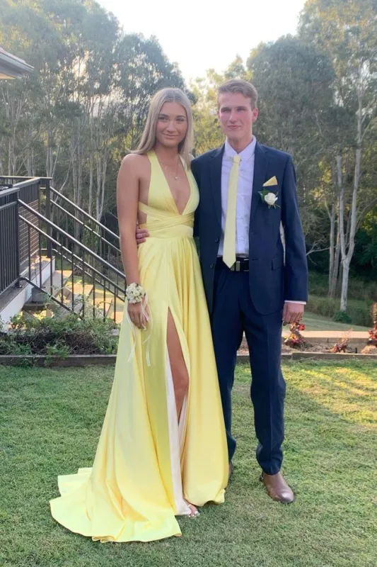 A-line Plunge Yellow Evening Dress UK Long Satin Prom Dress sold by My Chic Dress