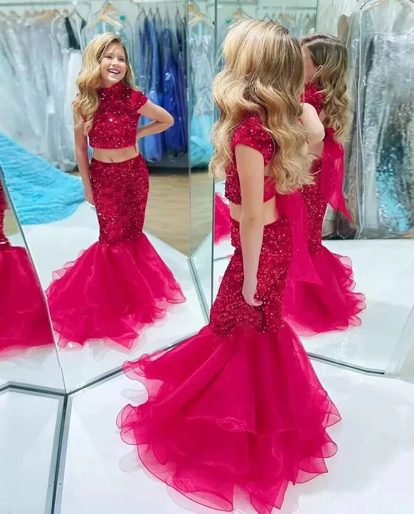 High Neck Red Two Pieces Sequin Girl Pageant Dress Cap Sleeves sold by My Chic Dress
