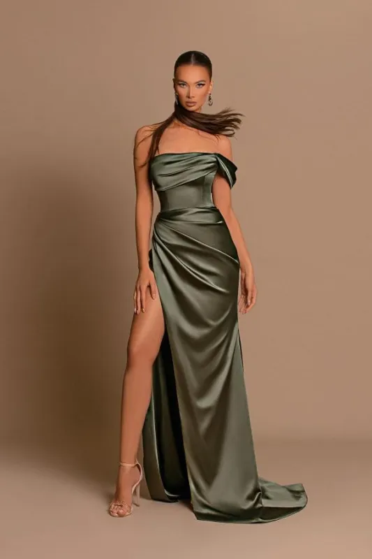 Simple Olive Green Long Satin Evening Dress UK Cheap sold by My Chic Dress