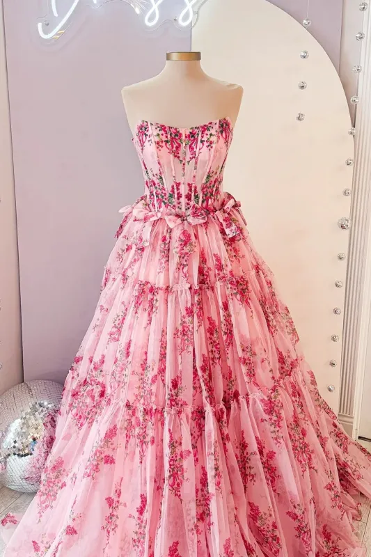 Uk Strapless Pink Ruffle Prom Dresses Floral Printed with Bow sold by My Chic Dress