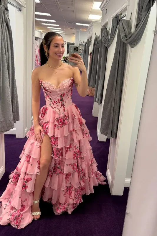 A-line Tiered Floral Pink Prom Dress Uk Sweetheart with Ruffles sold by My Chic Dress