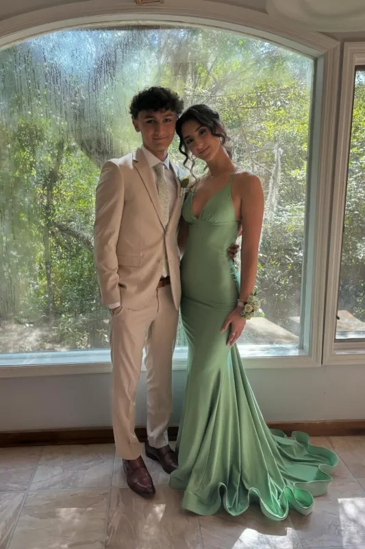 Mermaid Long Green Evening Dress Straps Satin Prom Dress UK sold by My Chic Dress