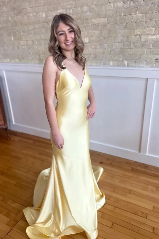 Yellow Mermaid Formal Dress for Wedding Guests Criss-cross Back sold by My Chic Dress