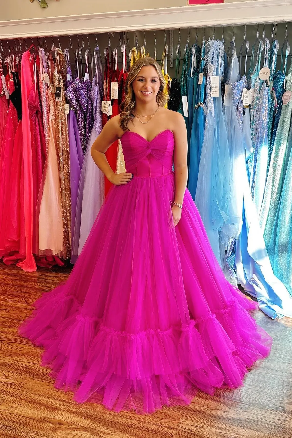 Hot Pink Long Tulle Strapless Prom Dress with Ruffles sold by My Chic Dress