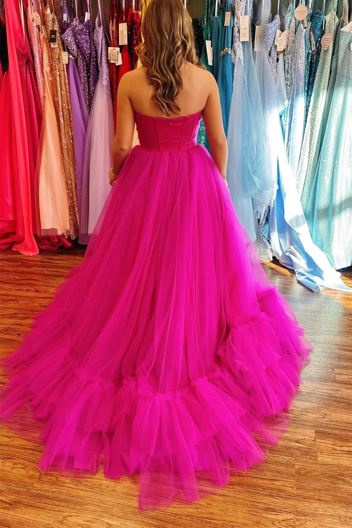 Hot Pink Long Tulle Strapless Prom Dress with Ruffles sold by My Chic Dress product image thumbnail 2