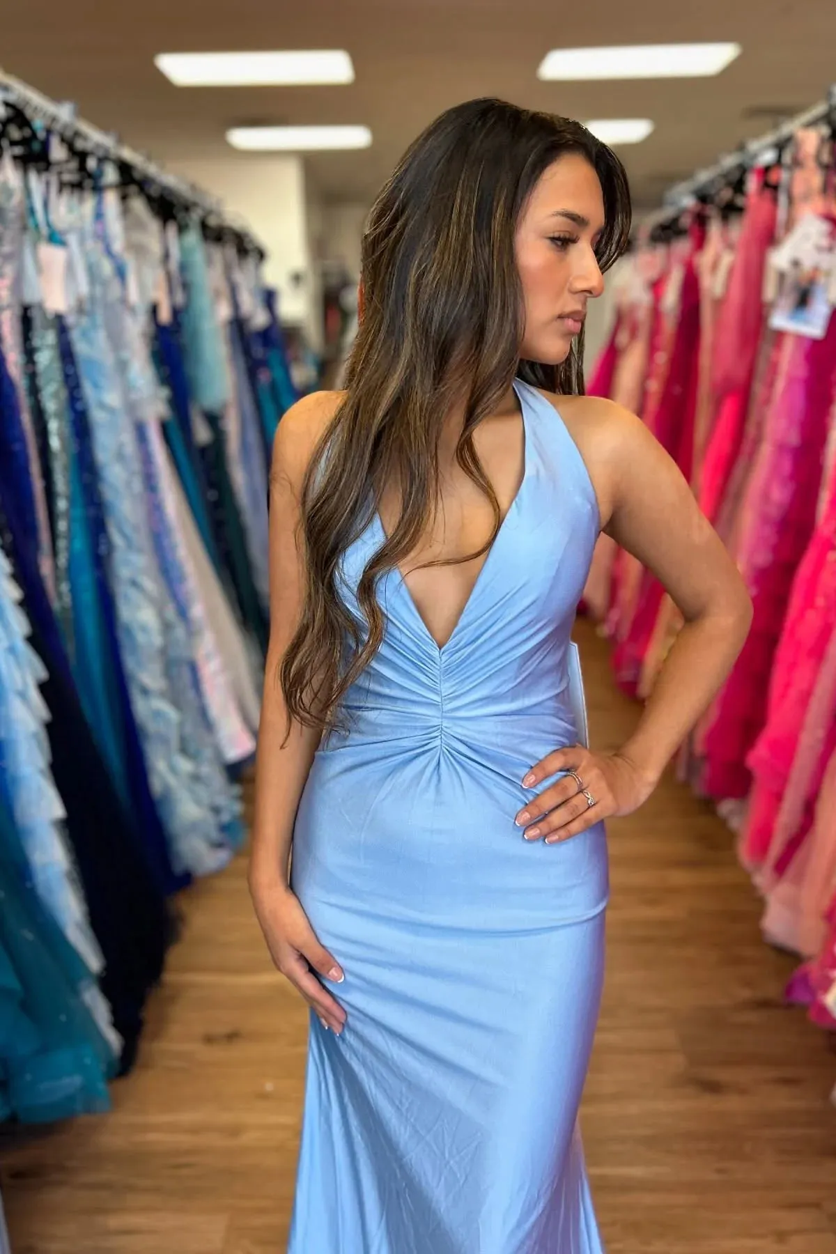 Halter Light Blue Ruched Maxi Guest Dress Satin V Neck sold by My Chic Dress product image thumbnail 2