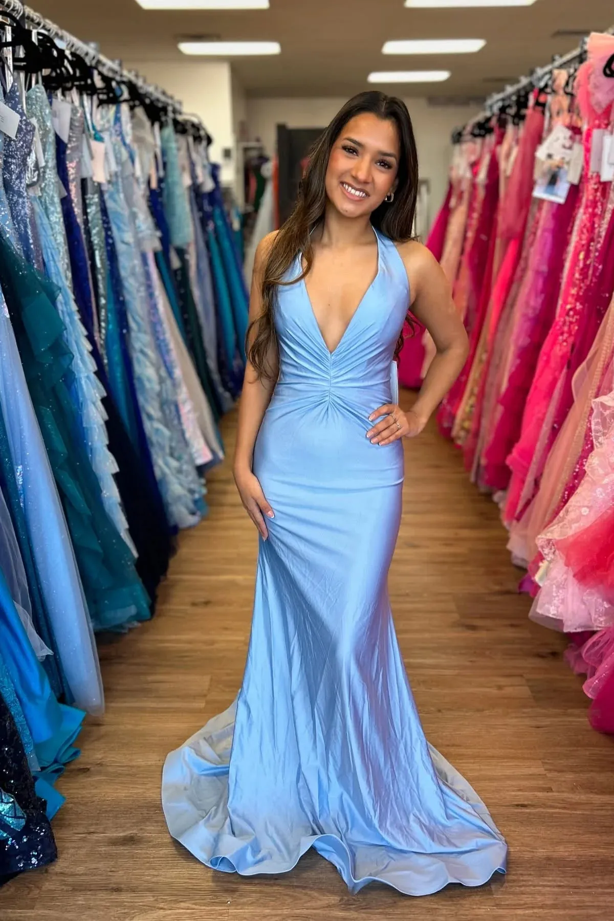 Halter Light Blue Ruched Maxi Guest Dress Satin V Neck sold by My Chic Dress