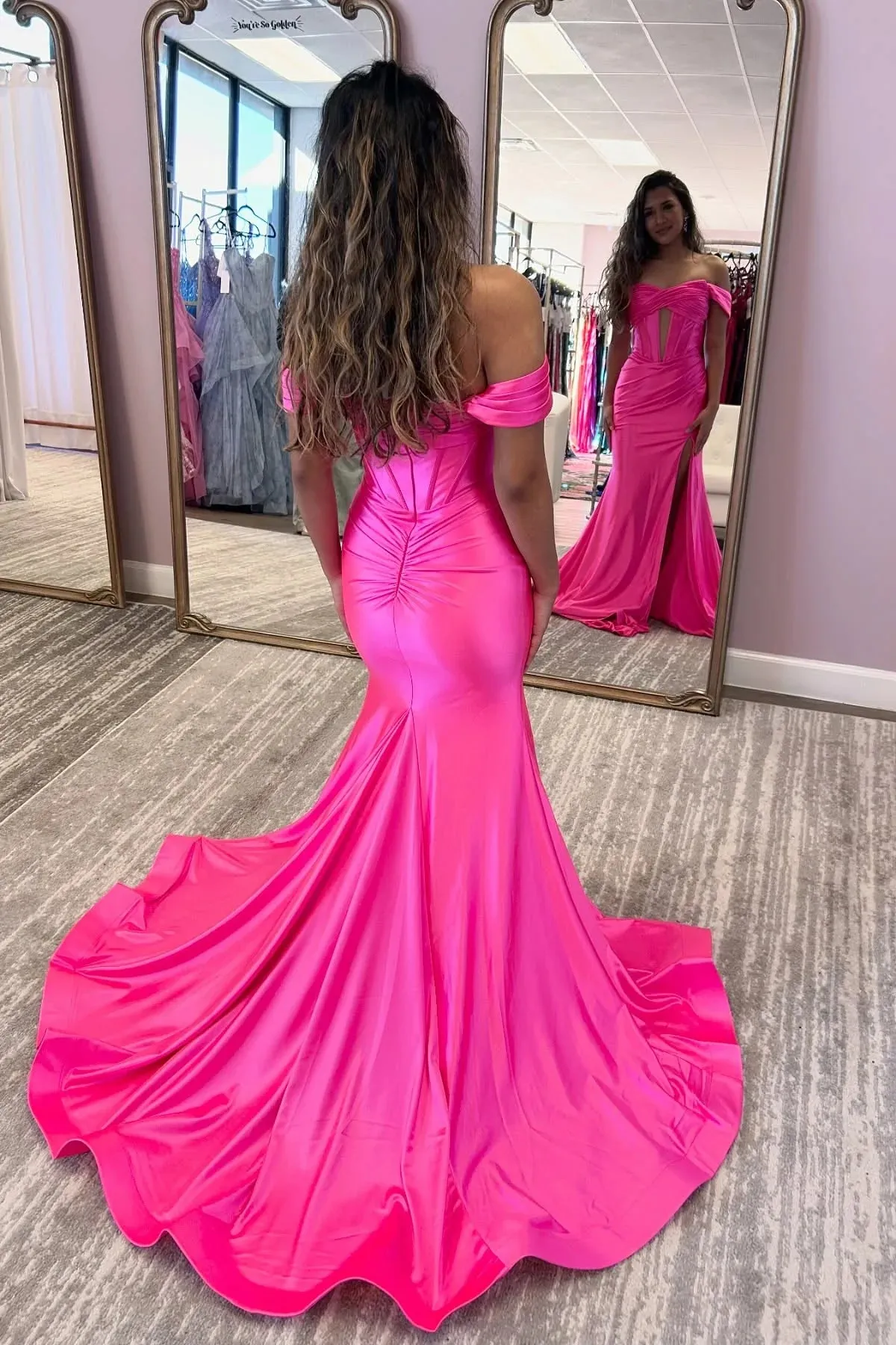 Satin Hot Pink Evening Dress Off-the-shoulder Ruched with Keyhole sold by My Chic Dress product image thumbnail 2