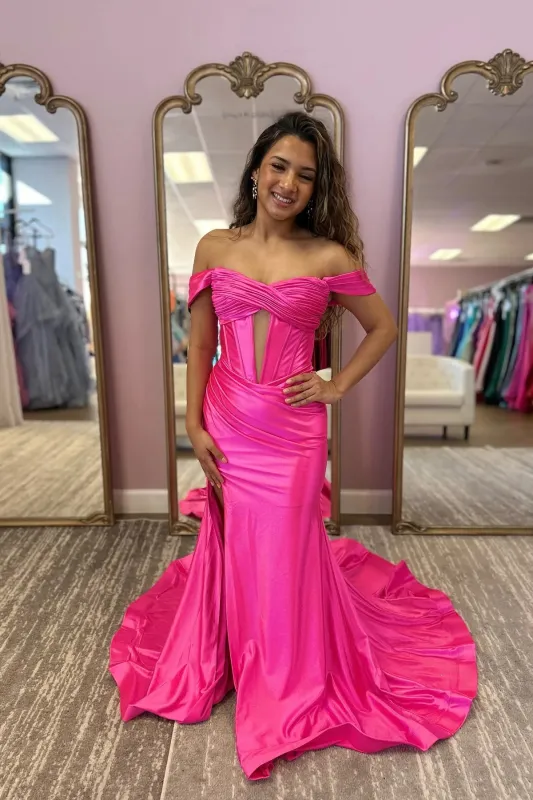 Satin Hot Pink Evening Dress Off-the-shoulder Ruched with Keyhole sold by My Chic Dress