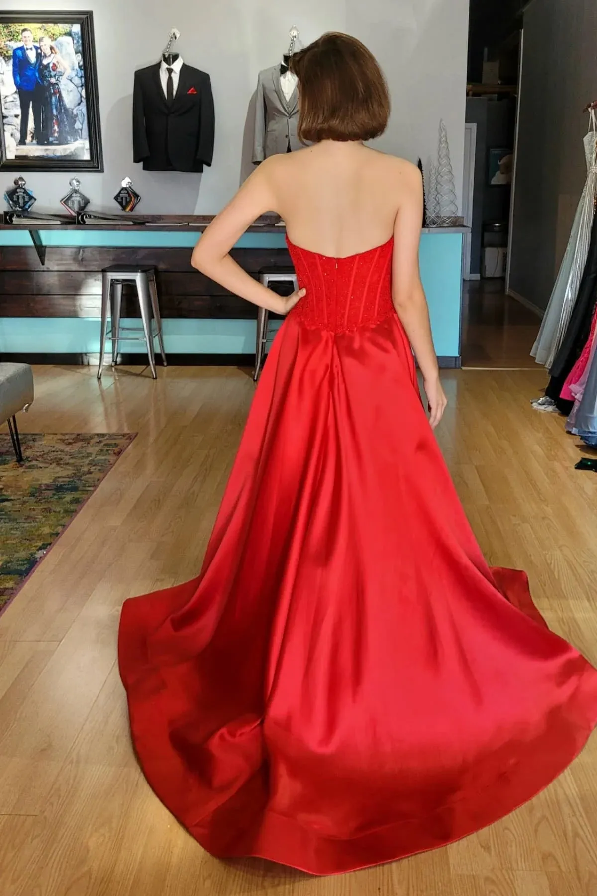 A-line Red Strapless Prom Dress US Ruched Beaded with Slit sold by My Chic Dress product image thumbnail 3