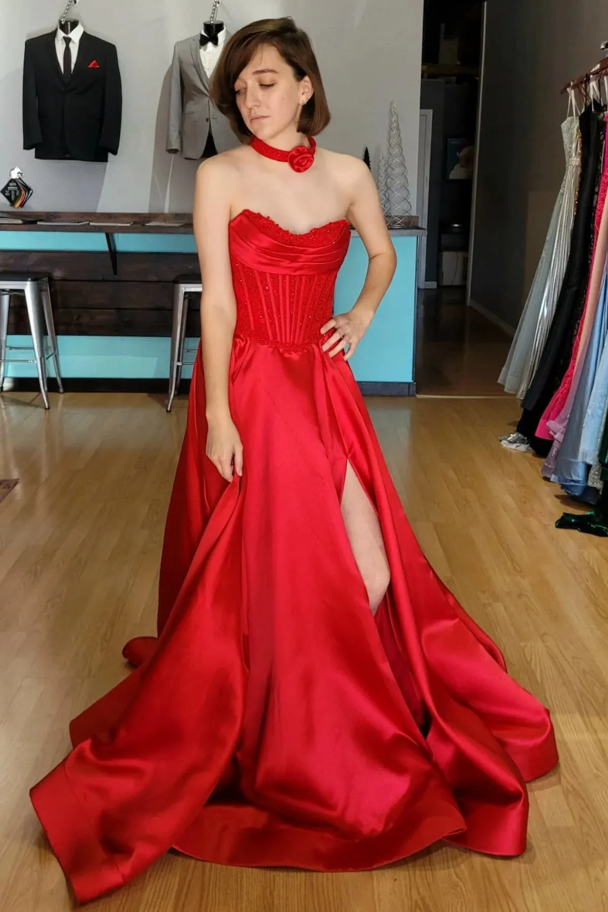 A-line Red Strapless Prom Dress US Ruched Beaded with Slit sold by My Chic Dress