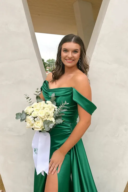 UK Green Evening Dress Ruched Off-the-shoulder Prom Dress with High Slit sold by My Chic Dress