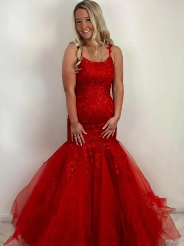 Red Lace Prom Dresses Mermaid Evening Gown UK with Ruffles sold by My Chic Dress