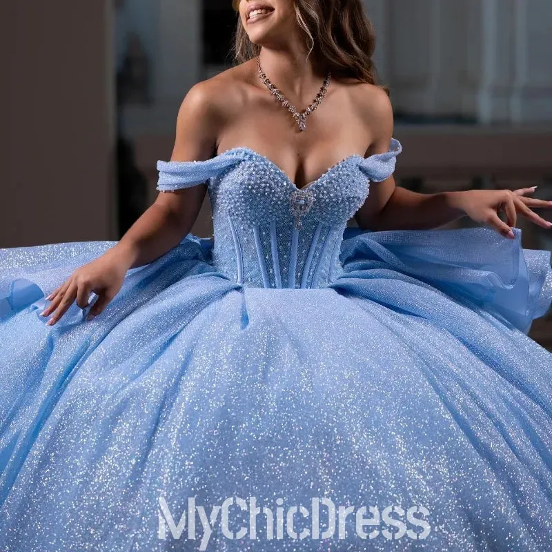 Hot Light Blue Sweet 16 Dress Tulle Pearls Quinceanera vestidos de 15 XV Anos sold by My Chic Dress product image thumbnail 4