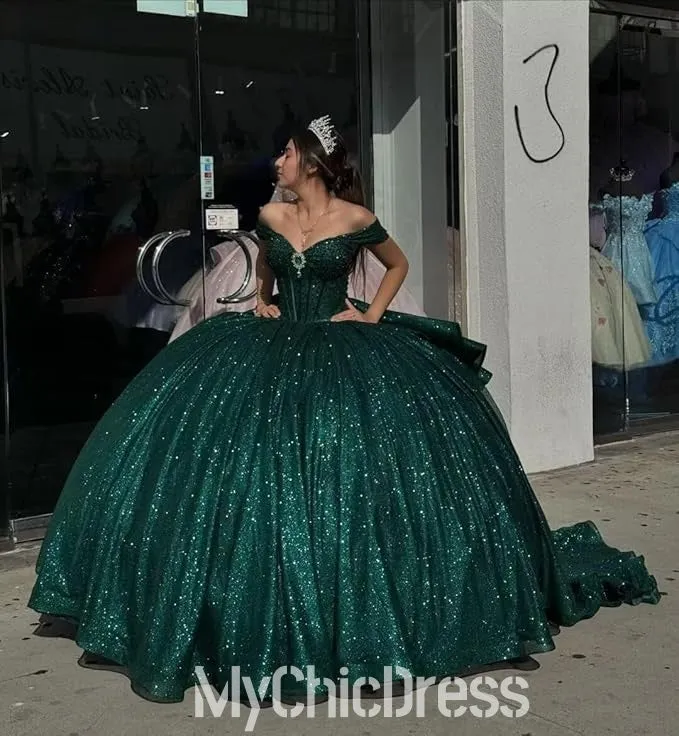 Glitter Emerald Green Off Shoulder Quinceanera Dresses Near Me Ball Gown sold by My Chic Dress product image thumbnail 5
