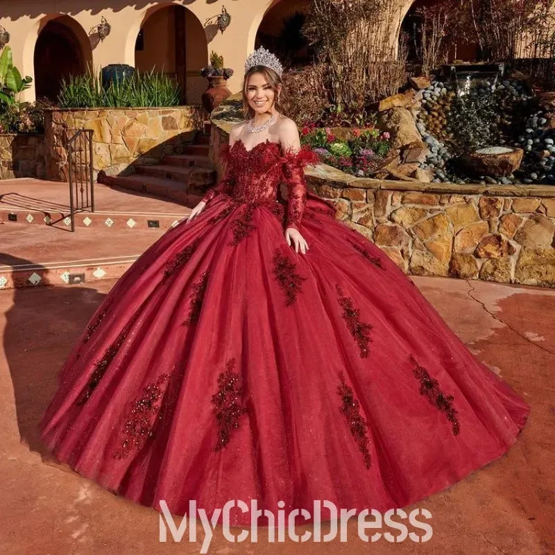 Dark Red Vestidos De 15 Anos Quinceanera Dresses with Sleeve Feather sold by My Chic Dress