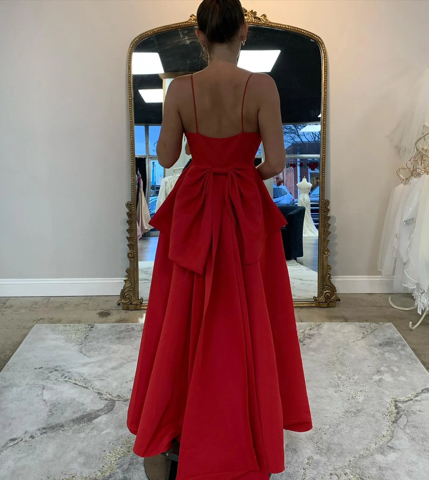 Simple Red Mid Length Wedding Guest Dress V Neck with Bow Back sold by My Chic Dress product image thumbnail 2