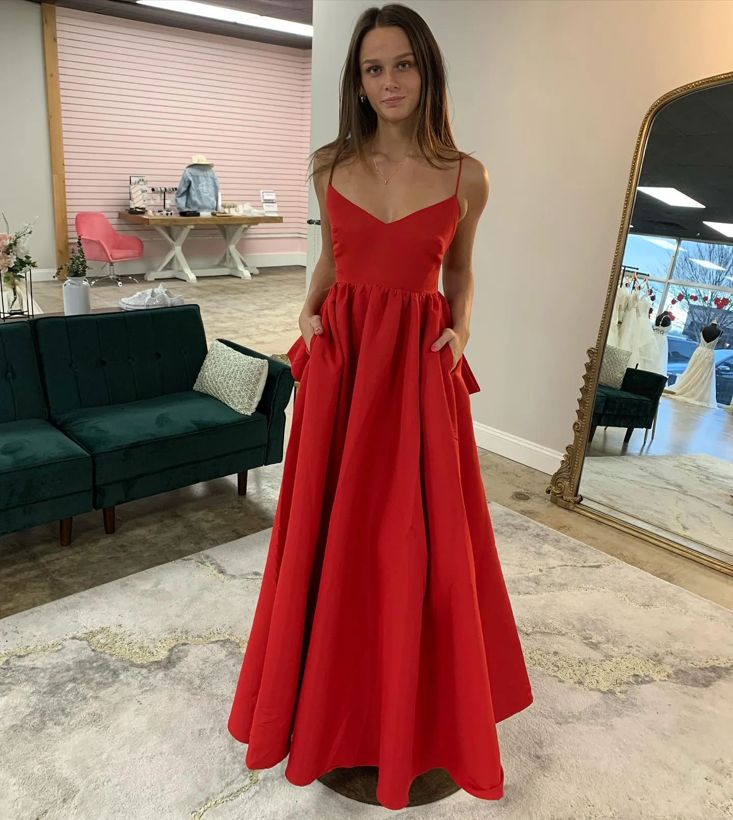 Simple Red Mid Length Wedding Guest Dress V Neck with Bow Back sold by My Chic Dress